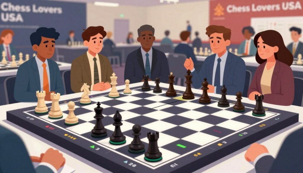 A visually engaging illustration of a national chess rating system, featuring a stylized chessboard with various chess pieces placed strategically across it. In the foreground, depict a clean and modern digital rating chart with colorful graphical indicators, such as stars and numbers, representing different rating levels and titles. In the middle ground, include a group of diverse individuals in professional business attire, actively engaged in discussion about their ratings and strategies, reflecting collaboration and community. The background should showcase a blurred image of a chess tournament setting with spectators and banners displaying "Chess Lovers USA". The lighting is bright and inviting, creating an atmosphere of excitement and intellectual challenge. Use a wide-angle lens effect to capture the dynamic interactions and interactions among the individuals.