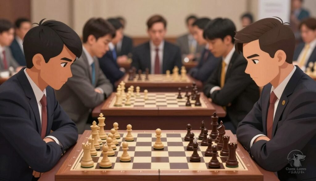 A visually engaging illustration of "chess progression," featuring a beautifully organized chessboard with pieces in various stages of a game, symbolizing growth and strategy. In the foreground, focus on a close-up of an intense chess championship match, with two players in professional attire deeply concentrated. The middle of the image reveals the chessboard with some pieces captured mid-move, displaying dynamic action. The background showcases a blurred crowd of spectators, emphasizing an atmosphere of excitement and anticipation. Soft, diffused lighting illuminates the scene, creating a focused, contemplative mood. The composition should suggest a journey of skill development, reflecting dedication and progress in chess. Include a subtle logo or watermark of "Chess Lovers USA" in the corner, ensuring it doesn't distract from the visual narrative.