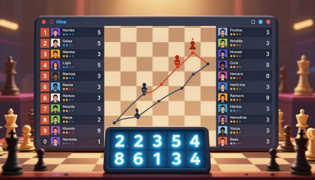 A visually engaging rating system for chess, showcasing a leaderboard-style display filled with player rankings and point scores. In the foreground, prominently feature a sleek digital scoreboard, with brightly lit numbers indicating player ratings and colorful avatars representing different chess players. The middle ground includes an abstract chessboard pattern that subtly incorporates elements of a graph or chart, symbolizing player performance over time. In the background, soft-focus silhouettes of chess pieces and a tournament setting, infused with warm, inviting lighting, create a competitive yet friendly atmosphere. The overall mood is dynamic and professional, ideal for reflecting the growing interest in chess. The brand "Chess Lovers USA" is subtly integrated into the design, enhancing the visual narrative.