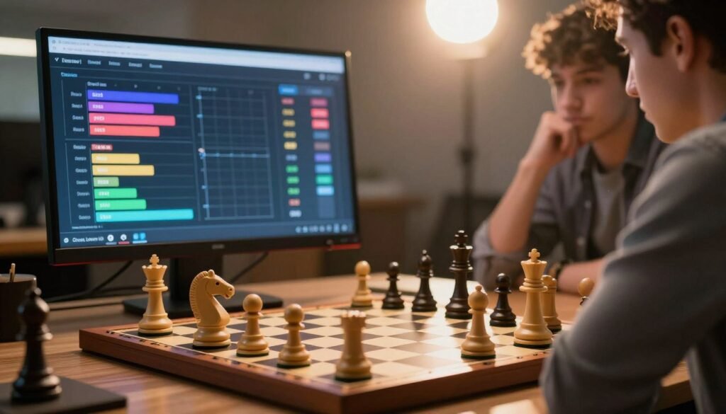 A visually striking and informative portrayal of online chess ratings, showcasing a digital chessboard with an intense match in progress. In the foreground, focus on two animated chess pieces, a knight and a queen, symbolizing competition. The middle ground features a sleek monitor displaying vibrant graphs and charts representing online chess ratings, highlighting differences from over-the-board play. The background includes a blurred figure of a player, engaged in thought while wearing smart casual attire, capturing the atmosphere of strategic contemplation. A warm glow emanates from the screen, enhancing the tech-savvy feel, with a lens flare suggesting innovation. Incorporate the brand name "Chess Lovers USA" subtly within the scene, ensuring it blends in seamlessly without disrupting the composition. The overall mood should be focused and inspiring, inviting viewers to reflect on the nuances of online and traditional chess play.
