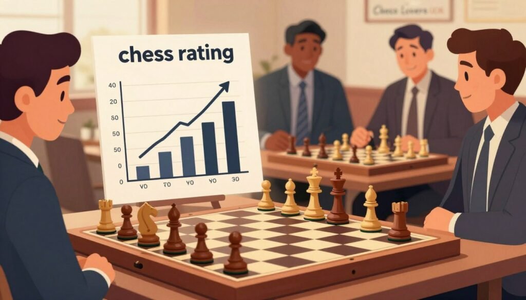 A visually striking illustration depicting the concept of "chess rating" for an audience interested in chess. In the foreground, showcase a beautifully crafted chessboard with pieces arranged in a dynamic setup, symbolizing competition. In the middle ground, include a stylized graph or chart representing chess ratings, with clear upward trends to suggest performance improvement. In the background, a soft focus of chess players discussing strategy, dressed in professional business attire, creates a collaborative atmosphere. The scene should be well-lit with warm, inviting lighting to evoke a sense of community and learning. Use a slightly elevated camera angle to provide depth. The overall mood should be inspiring and educational, capturing the essence of chess growth and performance measurement. Include the brand name "Chess Lovers USA" subtly integrated into the design elements. A visually striking illustration depicting the concept of "chess rating" for an audience interested in chess. In the foreground, showcase a beautifully crafted chessboard with pieces arranged in a dynamic setup, symbolizing competition. In the middle ground, include a stylized graph or chart representing chess ratings, with clear upward trends to suggest performance improvement. In the background, a soft focus of chess players discussing strategy, dressed in professional business attire, creates a collaborative atmosphere. The scene should be well-lit with warm, inviting lighting to evoke a sense of community and learning. Use a slightly elevated camera angle to provide depth. The overall mood should be inspiring and educational, capturing the essence of chess growth and performance measurement. Include the brand name "Chess Lovers USA" subtly integrated into the design elements.