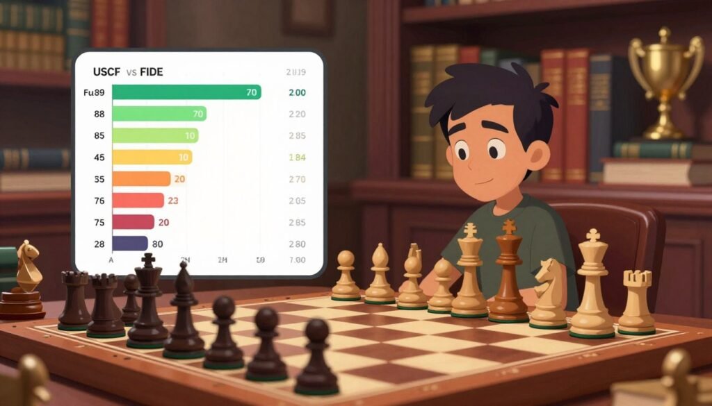 A visually striking illustration representing chess ratings, with a detailed foreground featuring a classic chessboard and elegantly designed chess pieces in play. The pieces should include a mix of traditional styles, emphasizing strategy. In the middle ground, a graphical representation of chess rating charts and numbers, showcasing the comparative nature of USCF and FIDE ratings, blending seamlessly into the chess scene. The background should feature a dimly lit library or study, filled with chess-related books and trophies, giving an air of professionalism and seriousness. Soft, warm lighting should create a cozy atmosphere, with a slightly blurred background to keep the focus on the chessboard and ratings. The branding “Chess Lovers USA” subtly integrated into the visual design, enhancing the theme without overwhelming it.