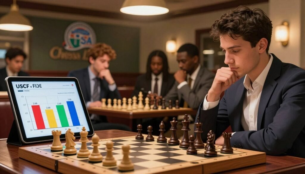 A visually striking image illustrating the comparison between USCF and FIDE ratings for chess players. In the foreground, a well-organized chessboard prominently displays pieces in mid-game, symbolizing strategy and intellect. To the left, a digital tablet shows a colorful graph juxtaposing USCF and FIDE rating scales, with the numbers clearly depicted as vibrant bar graphs. In the middle ground, a diverse group of two professional chess players, dressed in smart casual attire, engage thoughtfully while analyzing the ratings data, exuding concentration and passion for the game. The background is an elegant chess club setting, softly lit with warm overhead lights, creating a cozy yet focused atmosphere. Overhead, a subtle logo reading "Chess Lovers USA" hovers within the scene, enhancing the chess community vibe. The overall mood conveys a sense of professionalism and friendly competition in the world of chess ratings.