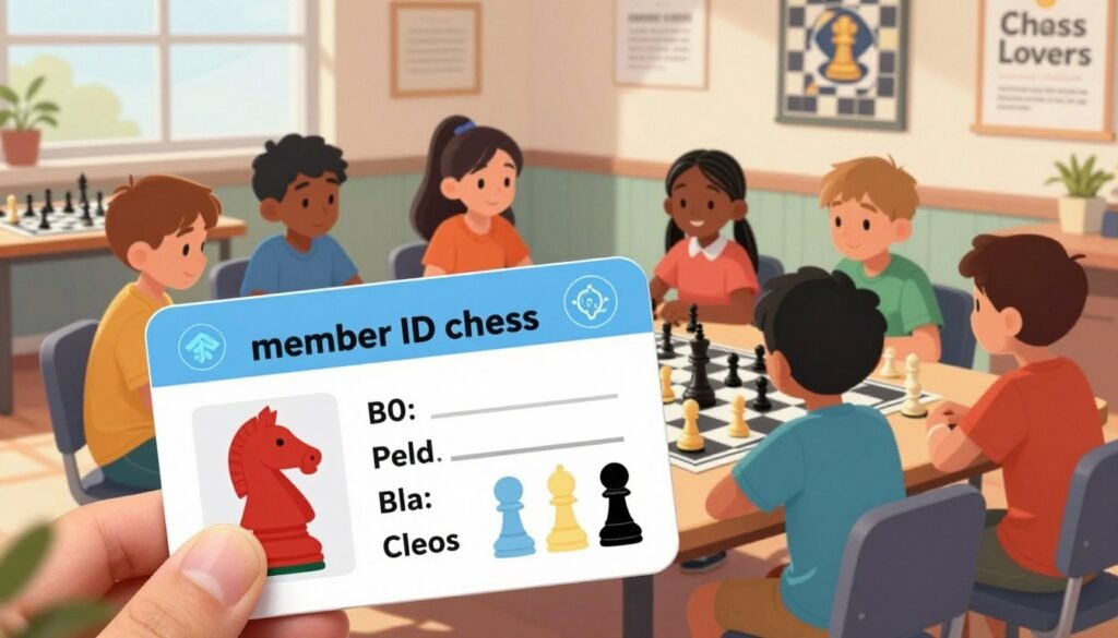 A vivid illustration of a "member ID chess" concept for children, showcasing a colorful chess-themed ID card displayed prominently in the foreground. The ID card features playful chess piece designs such as knights, bishops, and pawns, symbolizing a child's involvement in chess. In the middle ground, a diverse group of children, aged 8-12, dressed in casual attire, sit at a chess club table engaged in a friendly game, embodying teamwork and learning. The background should depict a bright, inviting chess club environment with chessboards, trophies, and motivational posters. Soft, natural lighting creates a warm and encouraging atmosphere, conveying a sense of community and growth. The brand name “Chess Lovers USA” should be subtly incorporated into the design of the ID card, enhancing the child-friendly theme.