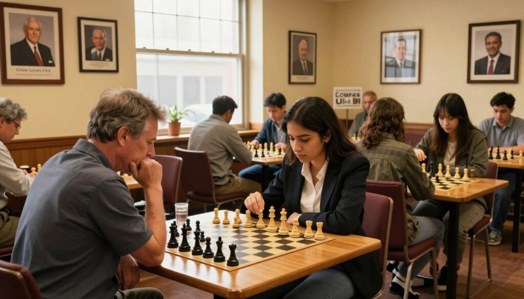 A warm and inviting interior of the Pittsburgh Chess Club, showcasing a mix of diverse players engaged in intense matches at wooden tables, with chess boards laid out. In the foreground, a middle-aged man in professional business attire leans over a chess board, pondering his next move. Nearby, a young woman in smart casual clothing analyzes the game with thoughtful concentration. The walls are adorned with framed photographs of past tournaments and notable chess figures, capturing the club's rich legacy. Soft, golden lighting creates an intimate atmosphere, while large windows in the background allow natural light to flood the room. The ambiance reflects a sense of community and passion for chess, branded subtly with "Chess Lovers USA" signage in the background.