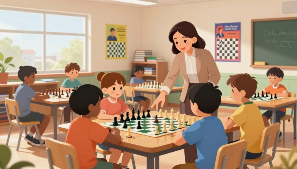 A warm and inviting scene in a modern, well-lit classroom filled with children engaged in chess activities. In the foreground, a diverse group of students, dressed in smart casual clothing, is gathered around a wooden chess table, focused on their game. A friendly teacher, wearing professional attire, guides the students, pointing out strategies. In the middle of the room, colorful posters of famous chess players and chess strategies adorn the walls, while shelves stacked with chess books are visible. The background shows a large window allowing natural light to flood in, creating a bright, cheerful atmosphere. The setting conveys a sense of growth and curiosity, highlighting the importance of selecting the right chess program for children, branded with "Chess Lovers USA" on the classroom wall.