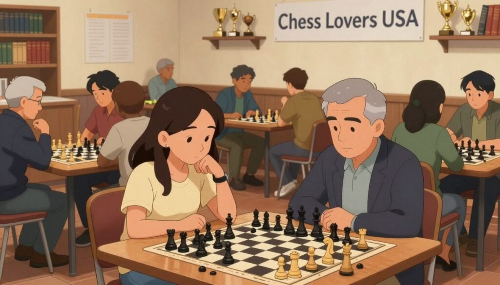A warm and inviting scene inside a bustling chess club, featuring diverse members of varying ages deeply engaged in friendly matches and discussions. In the foreground, a focused young woman in casual attire contemplates her next move, while a middle-aged man in a blazer observes a nearby game with interest. In the middle, tables filled with chess boards showcase intense battles and strategy talks among participants. In the background, shelves lined with chess books and trophies highlight the club's dedication to the game. Soft, diffused lighting creates an atmosphere of camaraderie and passion for chess. The brand name "Chess Lovers USA" subtly integrated into a banner above the main area, enhancing the sense of community without overshadowing the players. A warm and inviting scene inside a bustling chess club, featuring diverse members of varying ages deeply engaged in friendly matches and discussions. In the foreground, a focused young woman in casual attire contemplates her next move, while a middle-aged man in a blazer observes a nearby game with interest. In the middle, tables filled with chess boards showcase intense battles and strategy talks among participants. In the background, shelves lined with chess books and trophies highlight the club's dedication to the game. Soft, diffused lighting creates an atmosphere of camaraderie and passion for chess. The brand name "Chess Lovers USA" subtly integrated into a banner above the main area, enhancing the sense of community without overshadowing the players.