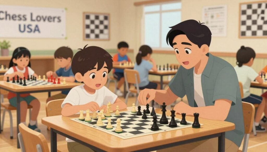 A warm, inviting scene of a child chess tournament preparation. In the foreground, a young child, around 8 years old, sits at a wooden chess table, intently studying a chessboard, wearing a smart, modest casual outfit. Beside them, a parent offers encouragement, both displaying expressions of excitement and focus. In the middle ground, a few chess tables are set up with colorful chess pieces, while other children are engaged in friendly practice games, all in a well-lit community center room with soft, natural lighting. The background features a banner reading “Chess Lovers USA” and walls adorned with chess-themed decorations. The atmosphere is cheerful and supportive, reflecting the anticipation of a first tournament, emphasizing fun and learning. A warm, inviting scene of a child chess tournament preparation. In the foreground, a young child, around 8 years old, sits at a wooden chess table, intently studying a chessboard, wearing a smart, modest casual outfit. Beside them, a parent offers encouragement, both displaying expressions of excitement and focus. In the middle ground, a few chess tables are set up with colorful chess pieces, while other children are engaged in friendly practice games, all in a well-lit community center room with soft, natural lighting. The background features a banner reading “Chess Lovers USA” and walls adorned with chess-themed decorations. The atmosphere is cheerful and supportive, reflecting the anticipation of a first tournament, emphasizing fun and learning.