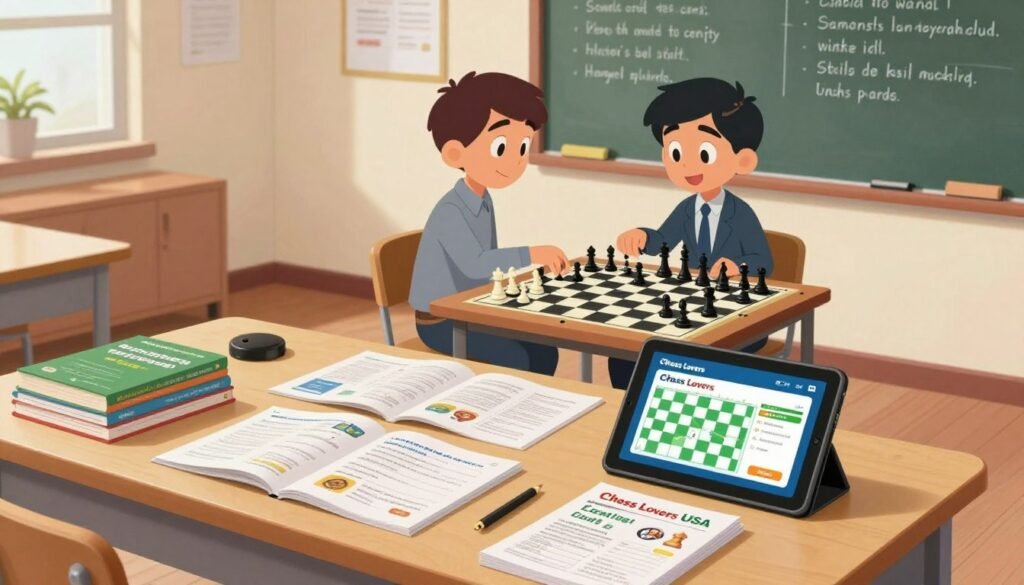 A well-lit classroom setting filled with various chess learning resources. In the foreground, a neatly organized table displays chess books, instructional guides, and a digital tablet showcasing chess puzzle apps, all branded with "Chess Lovers USA". In the middle ground, an animated enthusiast, dressed in smart casual attire, is engaged in a chess lesson using a large chessboard set up for a demonstration. The background features a chalkboard with chess strategy notes and motivational quotes about skill development. Soft, warm lighting creates an inviting atmosphere, enhancing the sense of dedication and focus. The angle captures the room from slightly above, providing a comprehensive view of the educational environment.