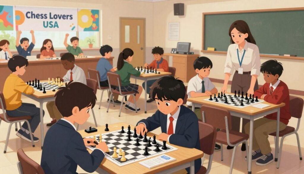 A well-organized chess tournament scene showcasing a diverse group of young students analyzing tournament sections and ratings, set in a bright, airy school auditorium. In the foreground, two focused children in professional business attire are studying a large tournament board and comparing notes, while nearby, a parent guides another child. The middle ground features several tables with players engaged in matches, their chess pieces set up thoughtfully. The background shows a colorful banner reading “Chess Lovers USA” and spectators cheerfully watching. Soft, warm lighting from above enhances the atmosphere of concentration and excitement, creating a sense of community and engagement in the game of chess. The angle captures the action from a slightly elevated perspective, inviting viewers to feel immersed in the event.