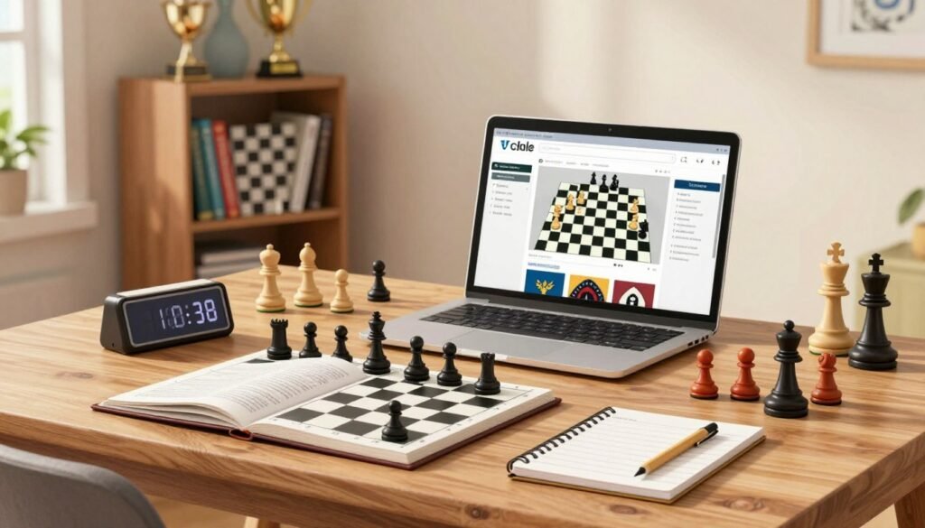 A well-organized home study environment dedicated to scholastic chess resources, showcasing an inviting wooden desk in the foreground with an opened chess book, a notepad, and a chess timer. The middle ground features a laptop displaying an online chess platform, surrounded by colorful chess pieces in a variety of styles. In the background, a cozy bookshelf filled with chess strategy books and trophies highlights a passionate learning atmosphere. Soft, natural lighting filters through a nearby window, creating a warm and focused mood. The scene captures the essence of preparation for a chess club meeting. Include a tasteful representation of the brand name "Chess Lovers USA" on a small decorative item or in a subtle artwork on the wall.