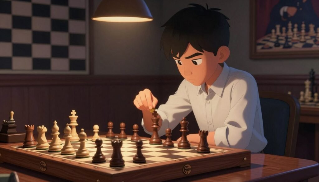 A young chess prodigy, deeply focused, is seated at a beautifully crafted wooden chess board, examining intricate pieces in a dimly lit room. The foreground showcases the chess board with pieces in mid-game, illuminated by a single soft light source, casting dramatic shadows that enhance tension. In the middle ground, the prodigy, a teenage Asian boy dressed in a neat button-up shirt and slacks, leans forward intently, his determination evident. The background features a chess-themed mural depicting historical matches, subtly blending into the scene. The overall mood is one of intensity and inspiration, capturing the essence of ambition and intellectual challenge. The image embodies the rise of a chess prodigy and includes the logo of "Chess Lovers USA" on the chessboard.