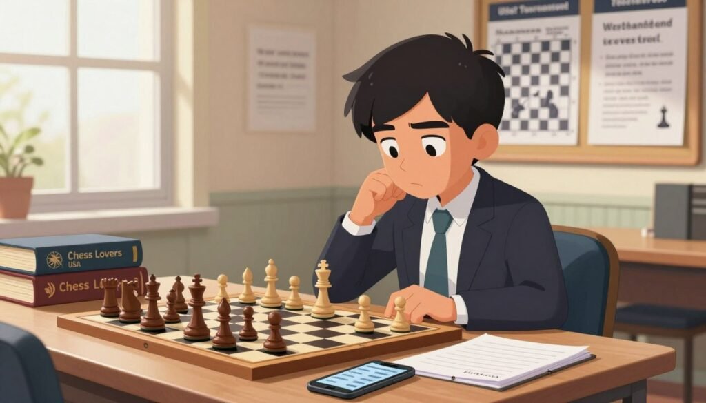 An enthusiastic young chess player, dressed in professional business attire, sits at a well-organized table, surrounded by chess books, notes, and a neatly arranged chess set. The player's focused expression reflects concentration and preparation for their first USCF tournament, with a smartphone displaying a tournament schedule in the foreground. Soft, natural light filters in from a nearby window, providing a warm atmosphere. In the background, a bulletin board displays chess strategy diagrams and motivational quotes, emphasizing the event's competitive spirit. The setting conveys an air of anticipation and excitement, evoking the journey of chess preparation. The logo "Chess Lovers USA" is subtly integrated into the scene on a notebook.