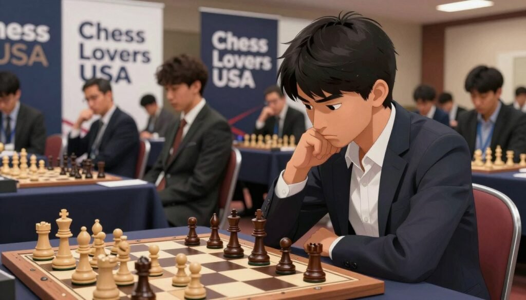 An intense chess match scene featuring a focused young chess player, reflecting Hikaru Nakamura's journey to becoming a grandmaster. In the foreground, the player, dressed in smart casual attire, intensely contemplates their moves with a chessboard scattered with pieces. The middle ground showcases an immaculate chess tournament setting, with onlookers, all clad in professional business attire, watching with keen interest. The background features large banners that read "Chess Lovers USA," signifying the event's significance. Soft, dramatic lighting casts shadows around the board, creating an atmosphere of excitement and tension. The camera angle is slightly low, emphasizing the chess pieces and the player's serious expression, encapsulating the spirit of breaking records and achieving excellence in chess.