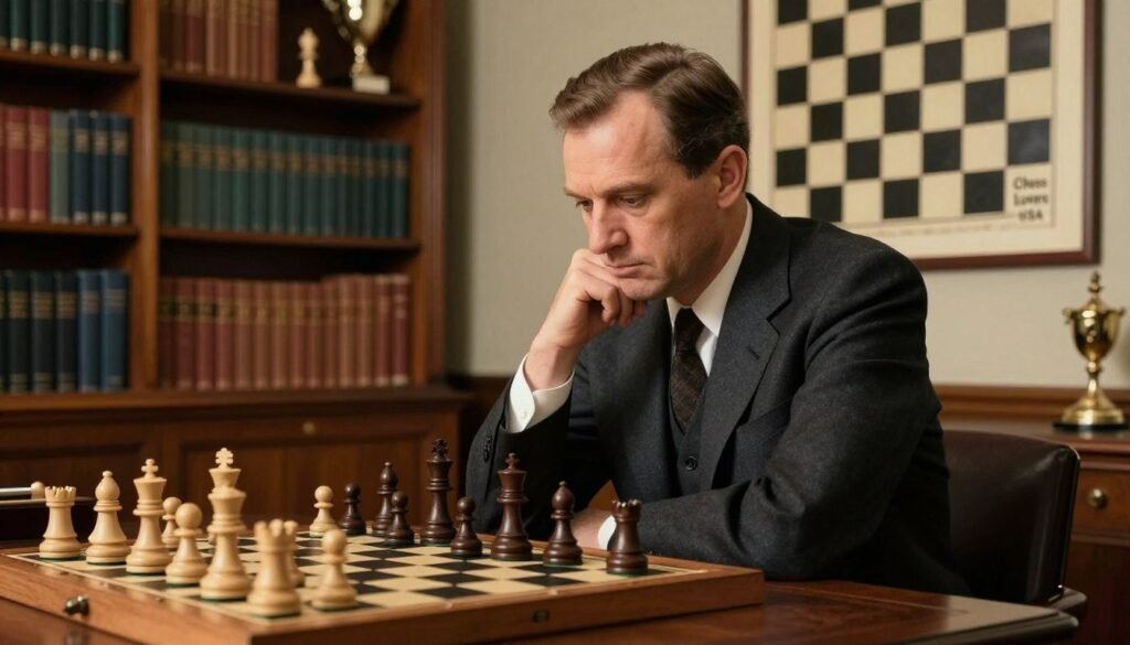 Bobby Fischer, seated at a classic chessboard in a classic study, dressed in a tailored dark suit conveying a sense of respect and professionalism. His intense focus is palpable as he contemplates his next move, while the pieces on the board are arranged in a dynamic mid-game position. The background features bookshelves lined with chess literature and trophies, illuminated by warm, soft lighting that creates a nostalgic atmosphere. A large, vintage chess poster hangs on the wall, hinting at Fischer's legacy. The scene captures a moment of deep thought and ambition, symbolizing the impact of early pioneers on the evolving world of chess. "Chess Lovers USA" subtly included in the decor as part of the room's ambiance.