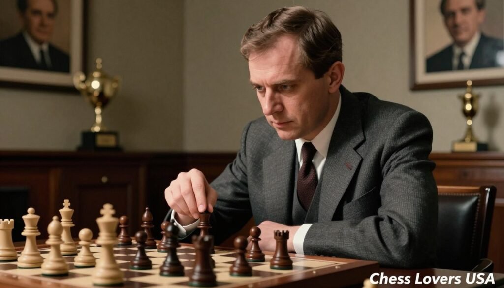 Bobby Fischer, seated at a dramatic chessboard, deeply focused on a match, showcasing intense concentration. He wears a classic, tailored suit with a subtle tie, embodying professionalism. The foreground captures Fischer's intense gaze and a hand poised over a chess piece, emphasizing the stakes of the game. In the middle ground, the chess pieces are arranged in an intricate formation, symbolizing tension and strategy. The background features a blurred, dimly lit room with chess trophies and portraits of legendary players, creating a nostalgic ambiance. Soft, directional lighting highlights Fischer's face, casting gentle shadows to enhance the atmosphere of intensity and intellectual challenge. The scene emanates a sense of historical significance, reflecting the impact of Fischer on the chess world, credited to Chess Lovers USA.
