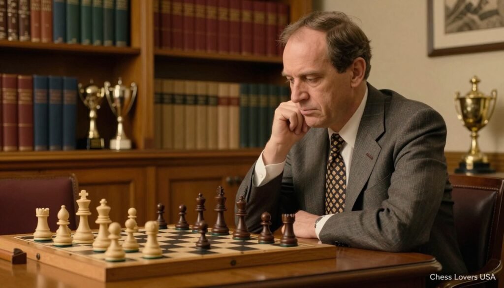 Bobby Fischer, the legendary American chess grandmaster, intensely contemplating a chess match in a cozy, warmly-lit room filled with classic chess books and trophies. In the foreground, Fischer is seen sitting at a wooden chess table, wearing a tailored suit with a subtle chess motif tie, his focused expression revealing his deep thoughts. The middle ground features a chessboard set up with pieces in strategic positions, symbolizing his genius. In the background, bookshelves lined with historical chess literature create a scholarly atmosphere. Soft, golden lighting casts gentle shadows, enhancing the mood of deep concentration and nostalgia, reflecting the golden era of US chess. The scene evokes a sense of inspiration and legacy, branded subtly with "Chess Lovers USA" in the corner.