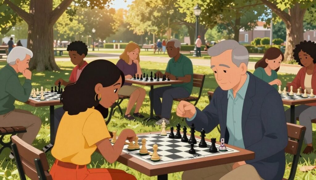 In a bustling park setting, a diverse group of chess players representing various ages and backgrounds engage in intense matches. In the foreground, a young woman in a vibrant, smart casual outfit leans over a chessboard, analyzing her next move, while a middle-aged man in a tailored jacket offers thoughtful advice. In the middle ground, several more chessboards can be seen, occupied by players deep in concentration, showcasing a mix of ethnicities. The background features lush trees and park benches, with warm afternoon sunlight filtering through the leaves, creating a welcoming atmosphere. The logo "Chess Lovers USA" is subtly emblazoned on a nearby chess table, emphasizing the community aspect of the game. The scene conveys excitement and camaraderie in the current chess landscape.