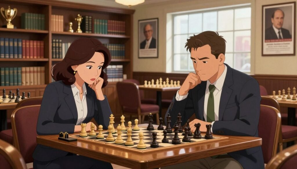 Inside the Saint Louis Chess Club, a vibrant and dynamic scene unfolds. In the foreground, a wooden chess table is set up with elegant pieces, showcasing a tense game in progress. At the table, two players, a man and a woman in professional business attire, intently focus on the board, their expressions a mix of concentration and strategy. In the middle ground, the club's stylish interior can be seen, with wooden shelves filled with chess books and trophies, and posters of legendary players lining the walls. The background features large windows, allowing natural light to stream in, creating a warm and inviting atmosphere. The overall mood is one of intellectual competition and camaraderie, embodying the spirit of chess. Captured with a slight depth of field, enhancing the players and table. Inspired by Chess Lovers USA.