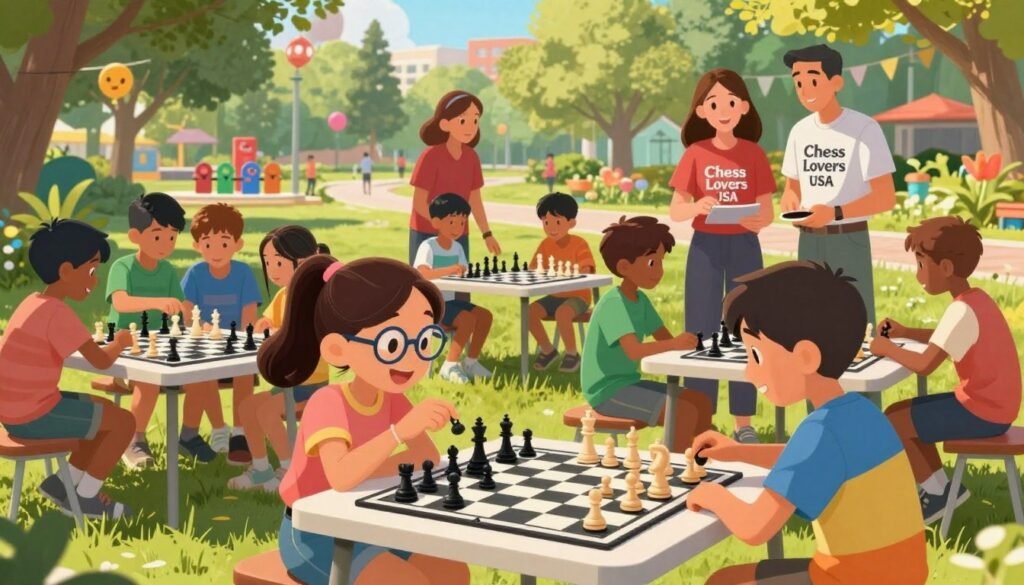 Summer chess camps in a vibrant outdoor setting, showcasing a diverse group of children, aged 8-14, deeply engaged in chess games on portable boards. In the foreground, a young girl with glasses and a cheerful smile is animatedly making a move against her opponent, a boy wearing a colorful t-shirt, both dressed in casual summer attire. In the middle ground, a group of instructors, dressed in branded shirts from "Chess Lovers USA," circulates among the players, offering guidance and encouragement. The background features a sunny park with lush green trees and playful decorations such as colorful banners. Bright, warm lighting highlights the joyful atmosphere, creating a sense of community and learning. The angle captures both the excitement of the games and the serene beauty of summer.