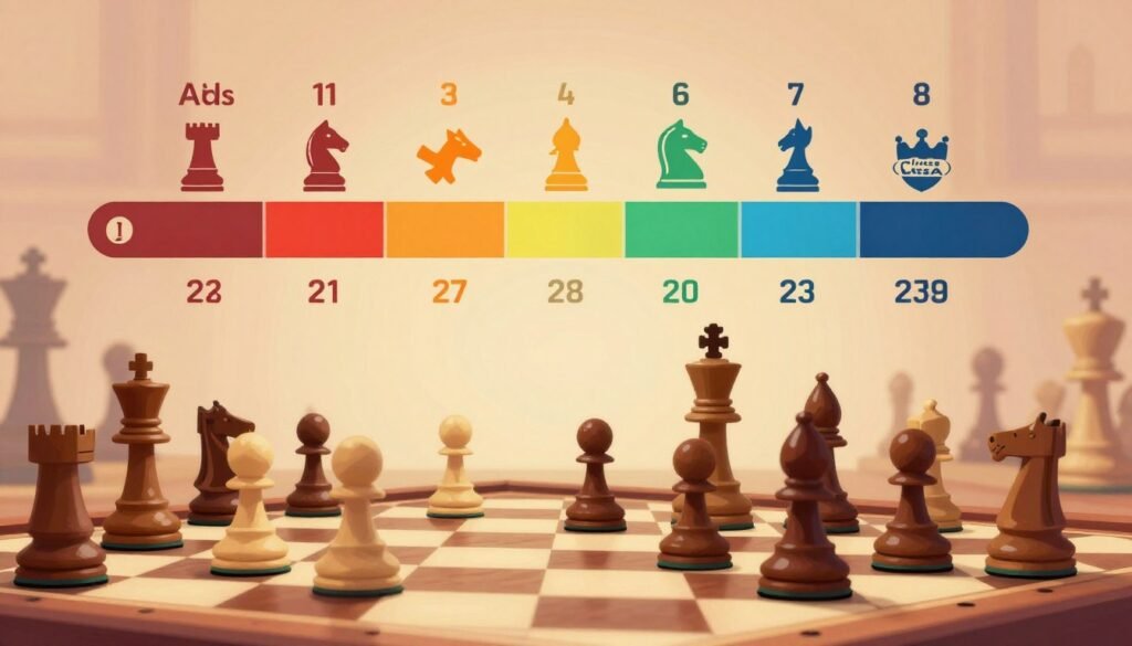 Visualize a vibrant and informative infographic illustrating the USCF rating classes. In the foreground, display a series of chess pieces, each representing a different rating category, artfully arranged on a chessboard. The middle section should show a color-coded scale indicating various rating brackets, with numbers artistically represented alongside symbolic icons for each class—such as a beginner's rook, an experienced knight, and a master’s queen. In the background, create a subtle chess-themed texture, perhaps with faded chess boards or pieces, to enhance depth. Use soft, warm lighting to evoke a welcoming atmosphere, and a slightly elevated camera angle to capture the entire composition. The overall mood should be insightful and educational, aligning with the theme of "Chess Lovers USA."
