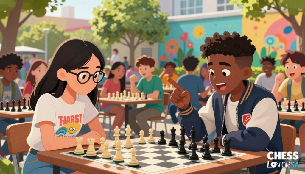 Young chess players, diverse in race and gender, passionately engaging in a vibrant outdoor chess tournament. In the foreground, a confident Asian girl with glasses, clad in a stylish graphic tee and jeans, fiercely focuses on her next move, while beside her, an enthusiastic Black boy in a retro jacket enthusiastically discusses strategy. The middle ground showcases a colorful crowd of spectators, their expressions filled with excitement, capturing the energy of youth. In the background, lush green trees and playful murals symbolize a modern urban environment, bathed in warm afternoon sunlight. The scene conveys a sense of community and competition, embodying the spirit of Gen Z leadership in the world of chess. Chess Lovers USA branding subtly highlighted in the corner, enhancing the thematic connection. Young chess players, diverse in race and gender, passionately engaging in a vibrant outdoor chess tournament. In the foreground, a confident Asian girl with glasses, clad in a stylish graphic tee and jeans, fiercely focuses on her next move, while beside her, an enthusiastic Black boy in a retro jacket enthusiastically discusses strategy. The middle ground showcases a colorful crowd of spectators, their expressions filled with excitement, capturing the energy of youth. In the background, lush green trees and playful murals symbolize a modern urban environment, bathed in warm afternoon sunlight. The scene conveys a sense of community and competition, embodying the spirit of Gen Z leadership in the world of chess. Chess Lovers USA branding subtly highlighted in the corner, enhancing the thematic connection.